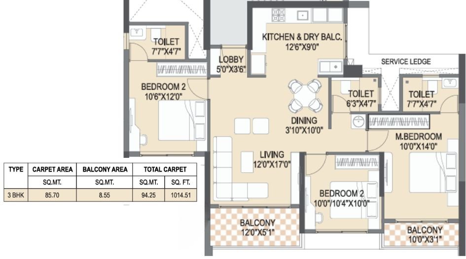 Yashada-EarthSong-FLoor-Plan-3 BHK-1015 Sqft